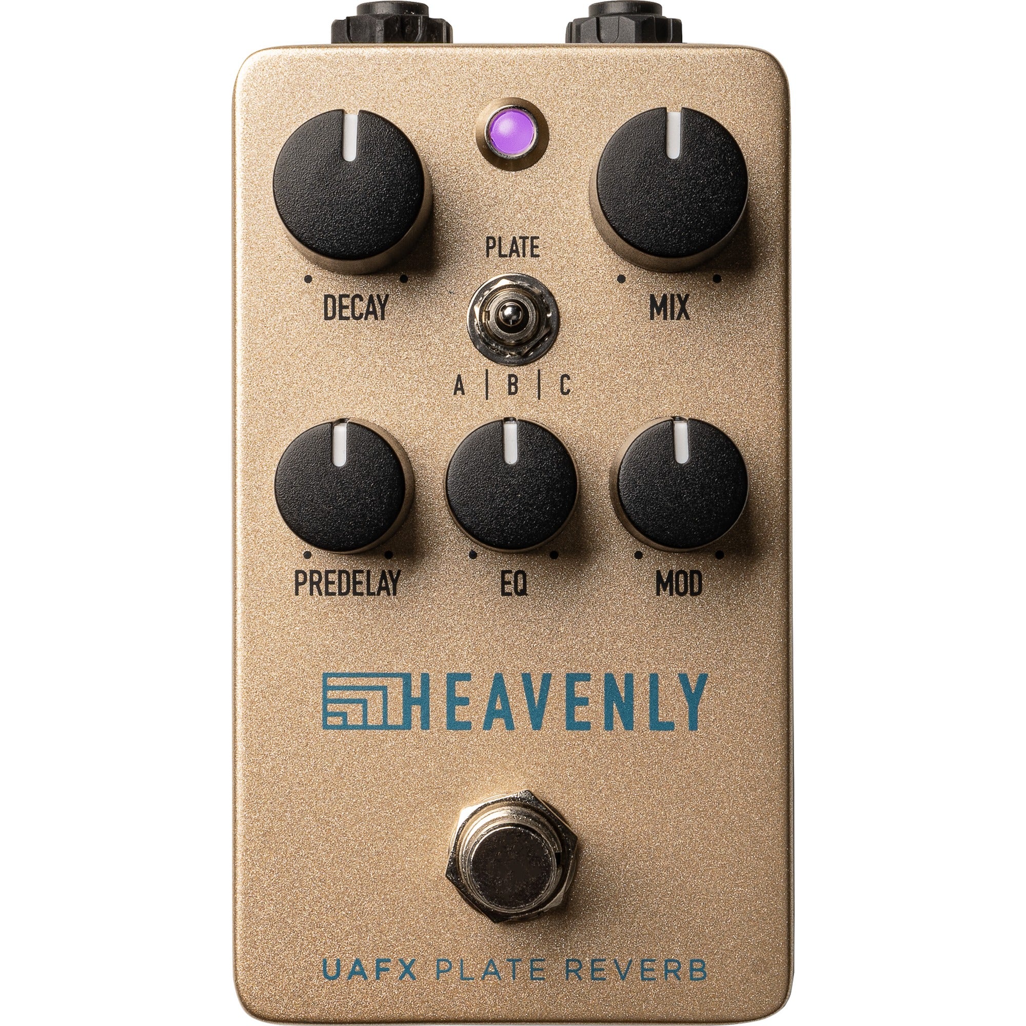 Universal Audio UAFX Heavenly Plate Reverb pedal with control knobs and display, used for adding lush reverb effects in music production.