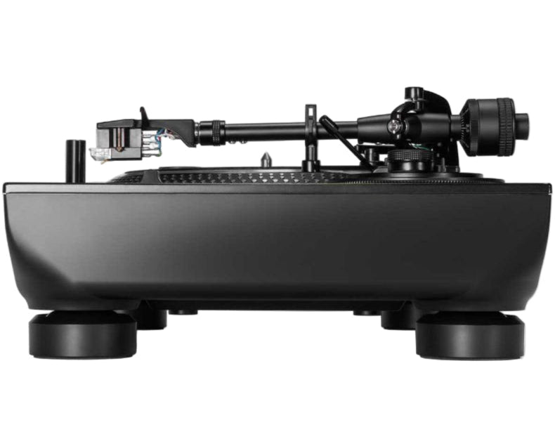 Reloop RP-7 DJ turntable with a sleek black design, tonearm, and control knobs for professional vinyl mixing.