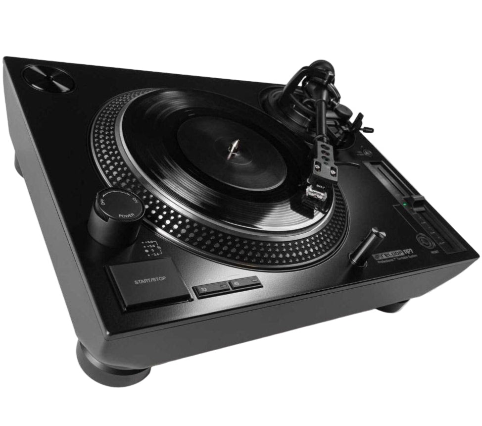 Reloop RP-7 DJ turntable with professional tonearm and platter, featuring control knobs and sleek black finish.