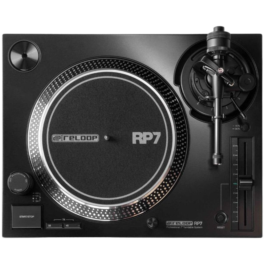 Reloop RP-7 DJ turntable with control knobs and platter, professional-grade equipment for turntable enthusiasts.