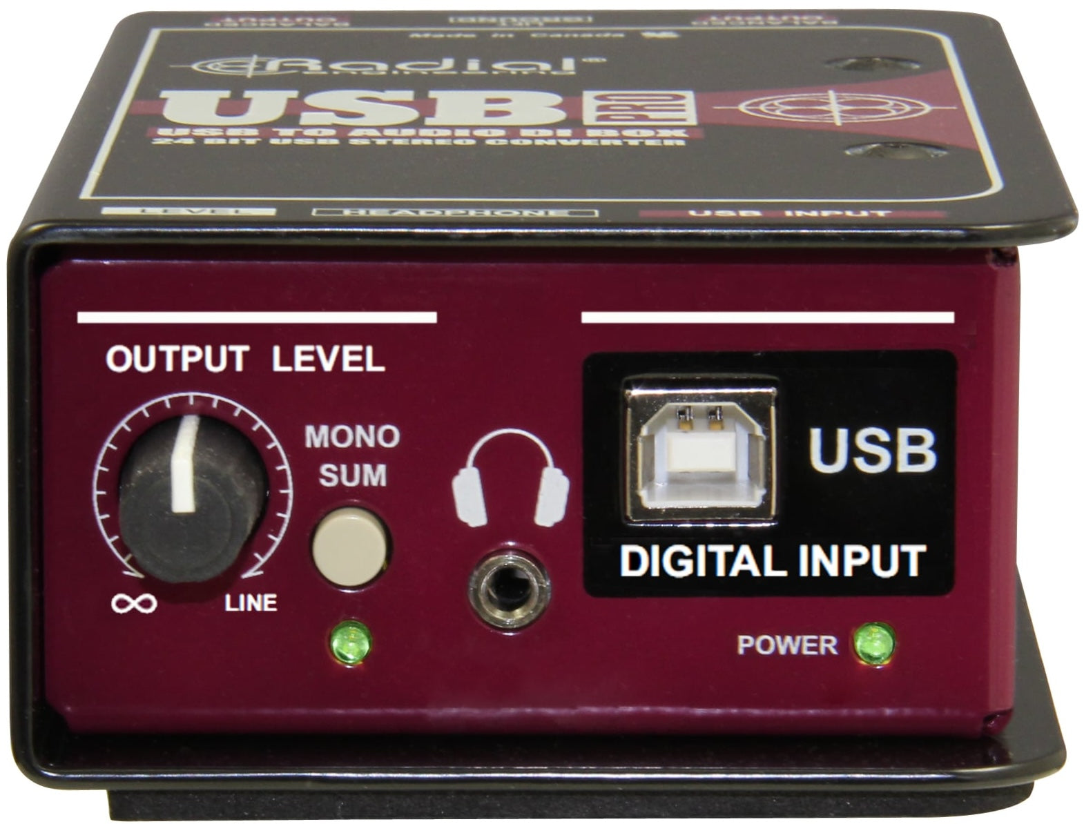 Radial Engineering USB-Pro DI box for professional audio and USB audio interface, front view of the device on a clean background.