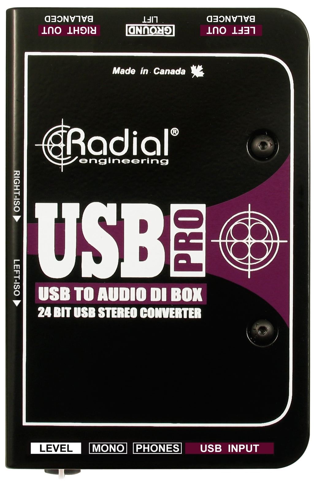 Radial Engineering USB-Pro DI box for professional audio, showing top view of the compact, metal-cased interface with input and output ports.