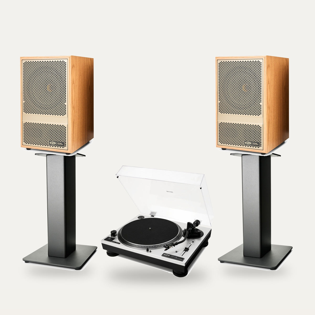 Vestlyd Vinyl Setup: Pro T1 turntable in Silver with M8C Active speakers in Oak on M-Stands