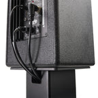 Cable management detail behind a Vestlyd speaker mounted on the M-Stands