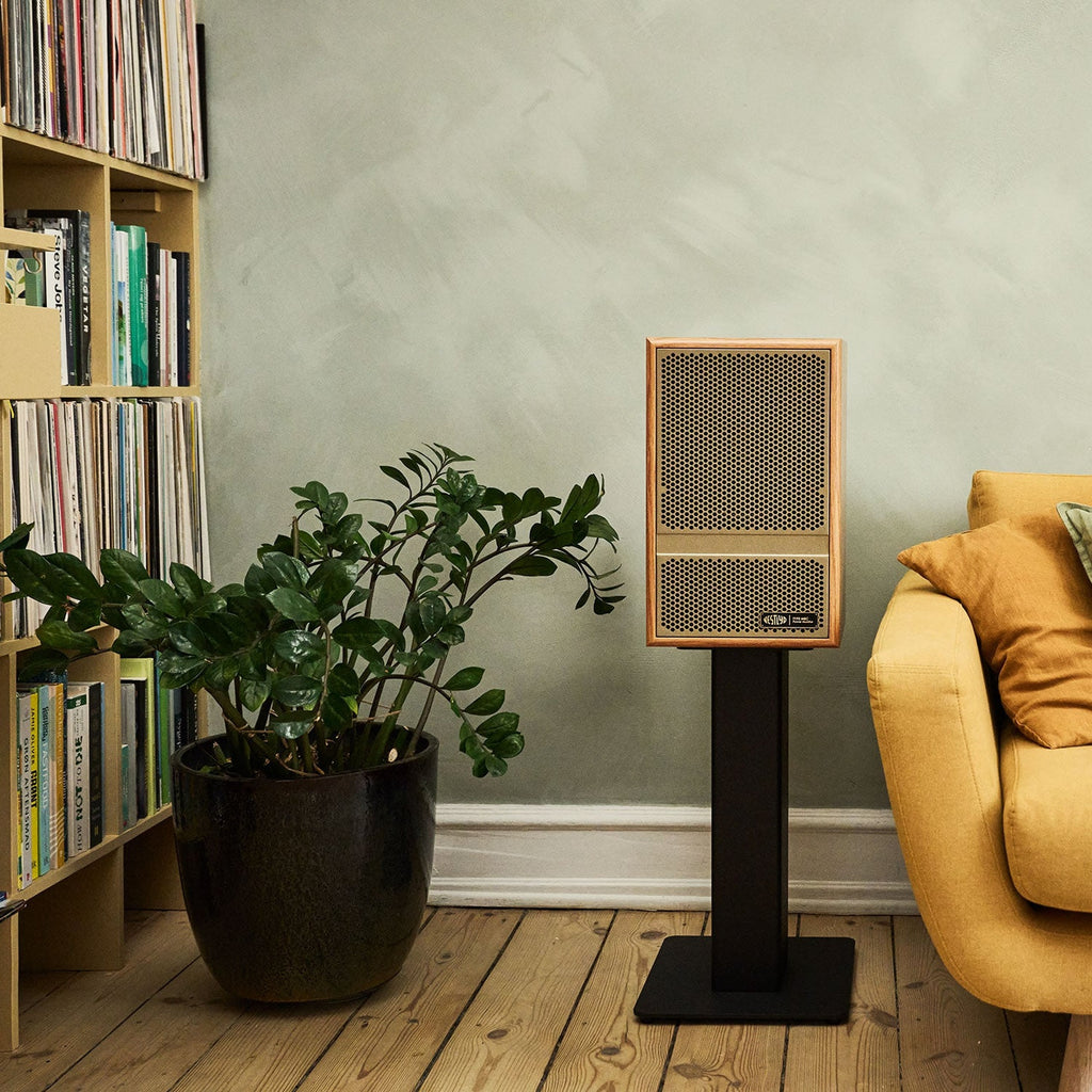 Vestlyd M-Stands holding a Vestlyd M8C Active in Oak in a living room