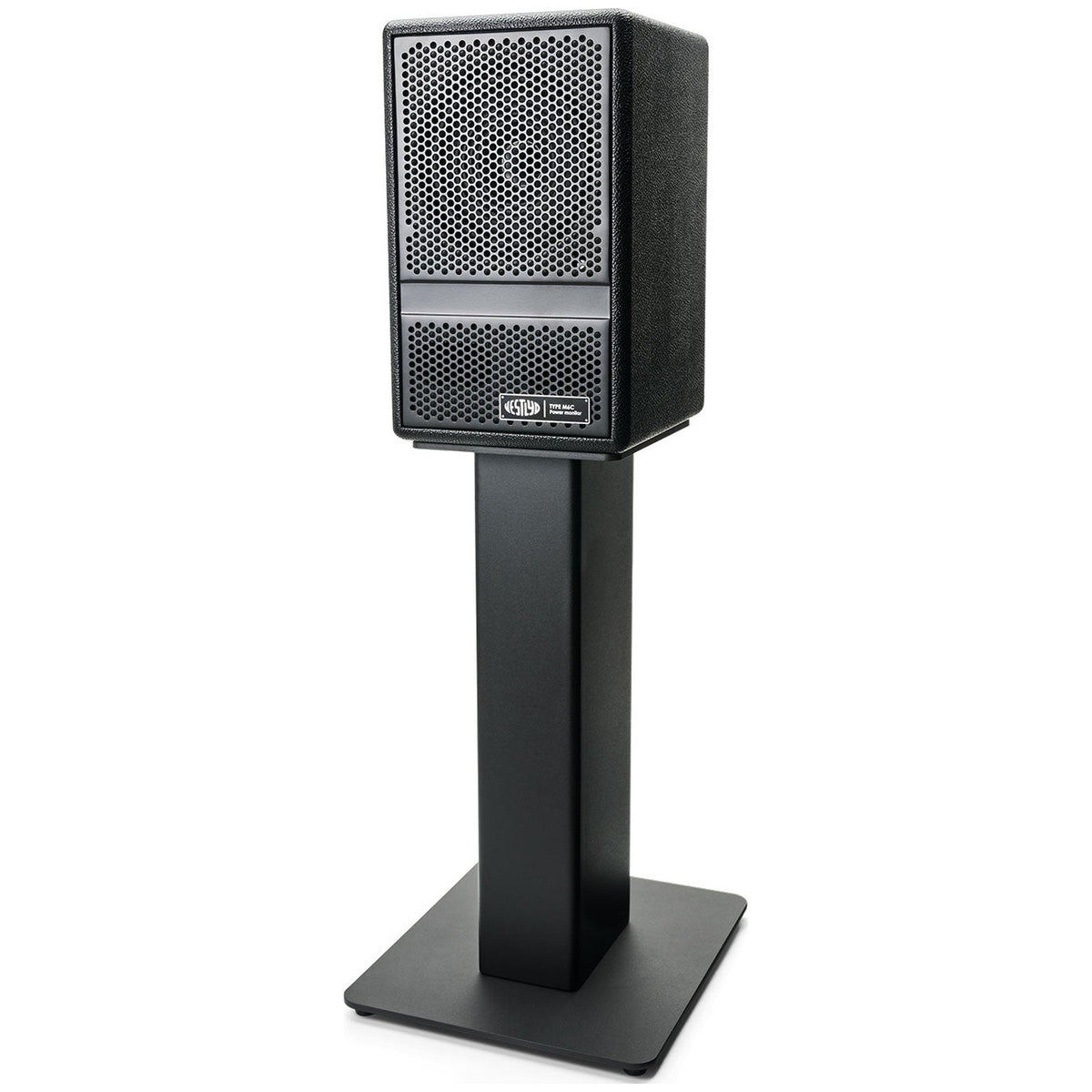 Vestlyd M6C Active in Black mounted on Vestlyd M-Stands speaker stand