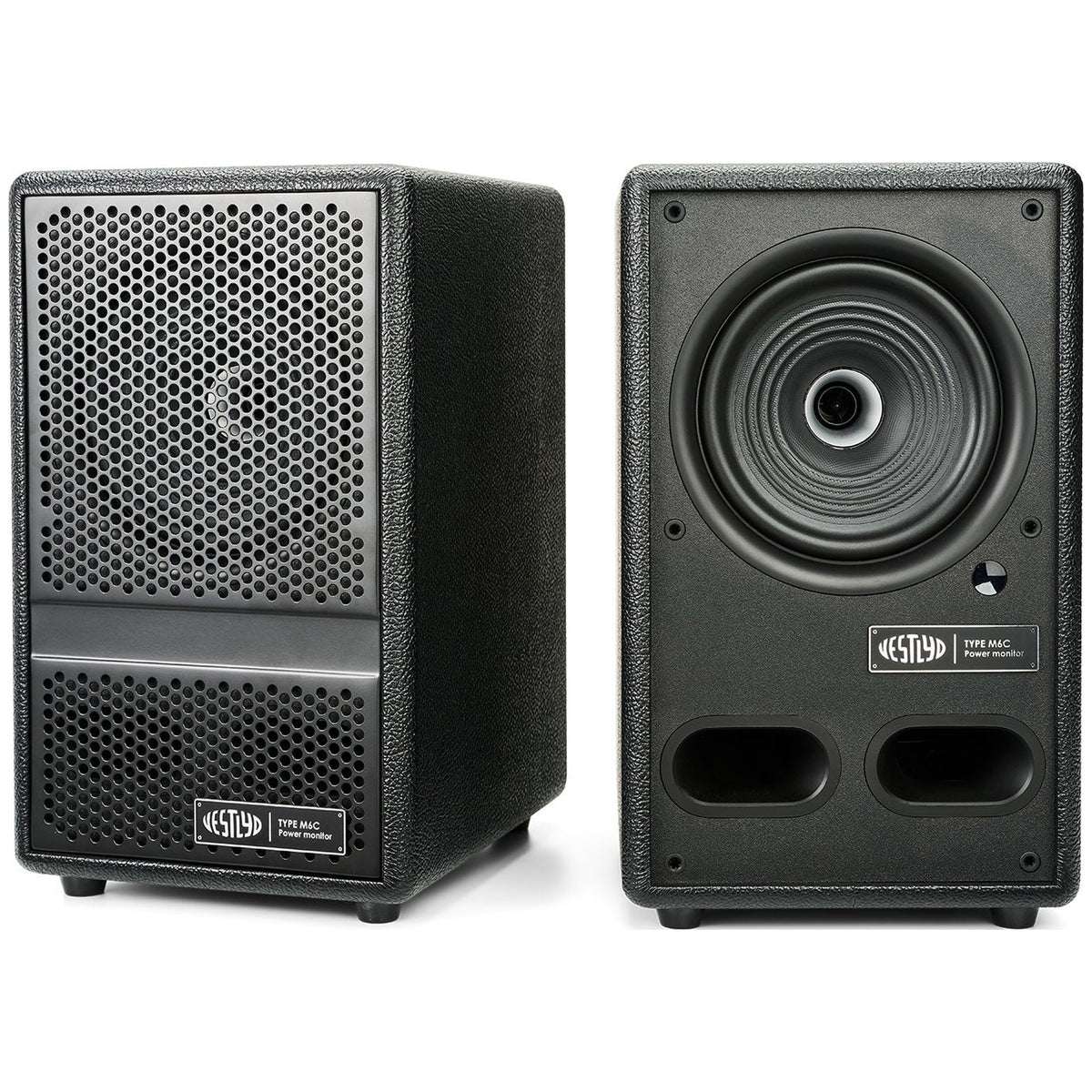 Vestlyd M6C Active powered speakers in Black — front grille and driver view of the pair