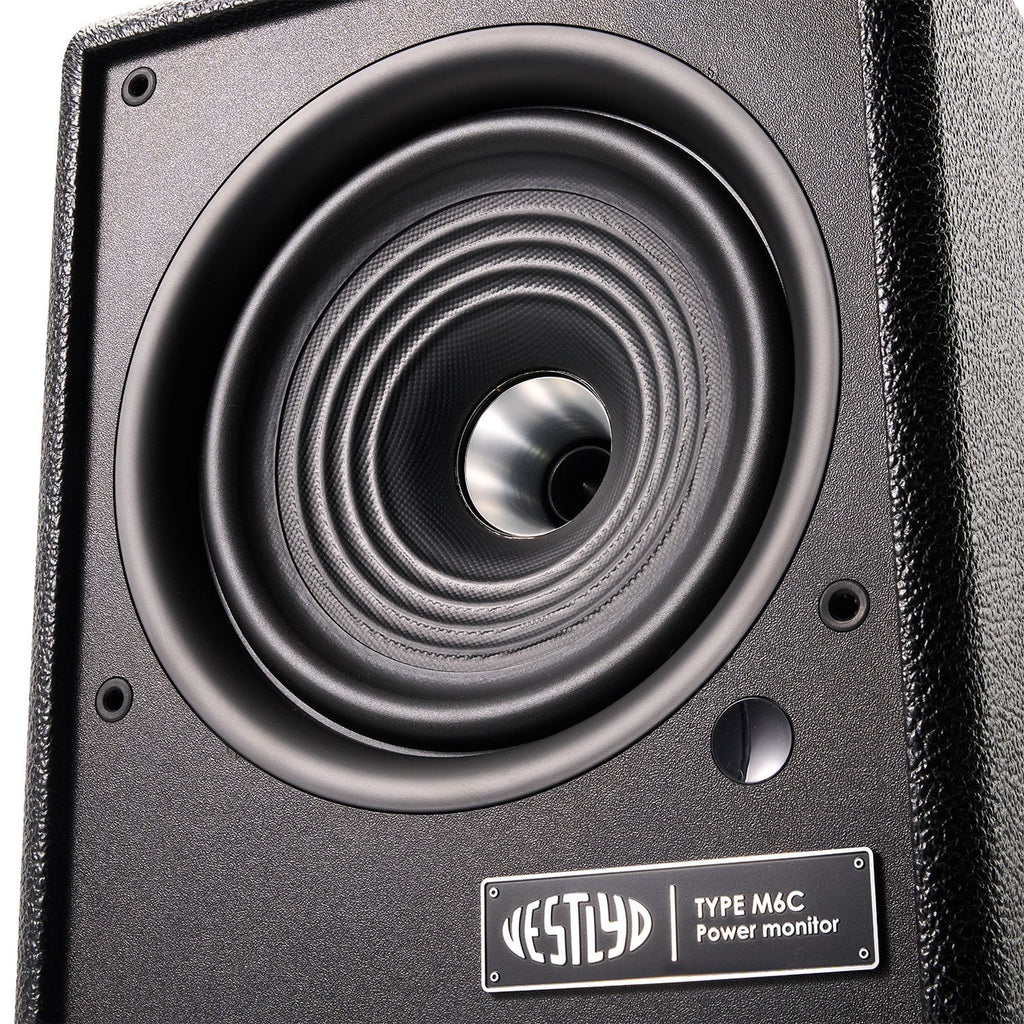 Close-up of the Vestlyd M6C Active 6.5-inch coaxial paper woofer with titanium dome tweeter