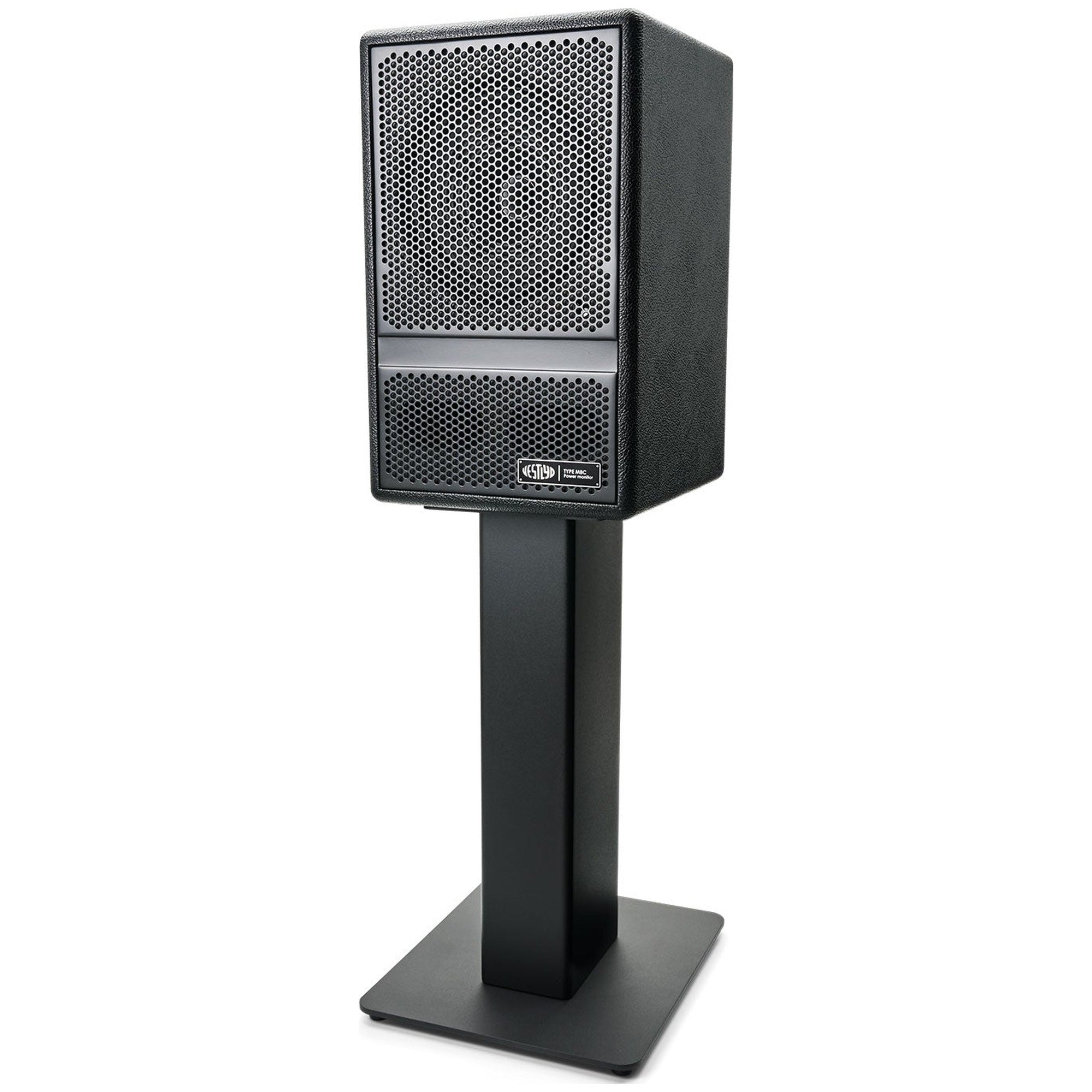 Vestlyd M8C Active in Black mounted on Vestlyd M-Stands speaker stand