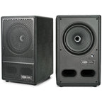 Vestlyd M8C Active powered speakers in Black — front grille and 8-inch driver view of the pair
