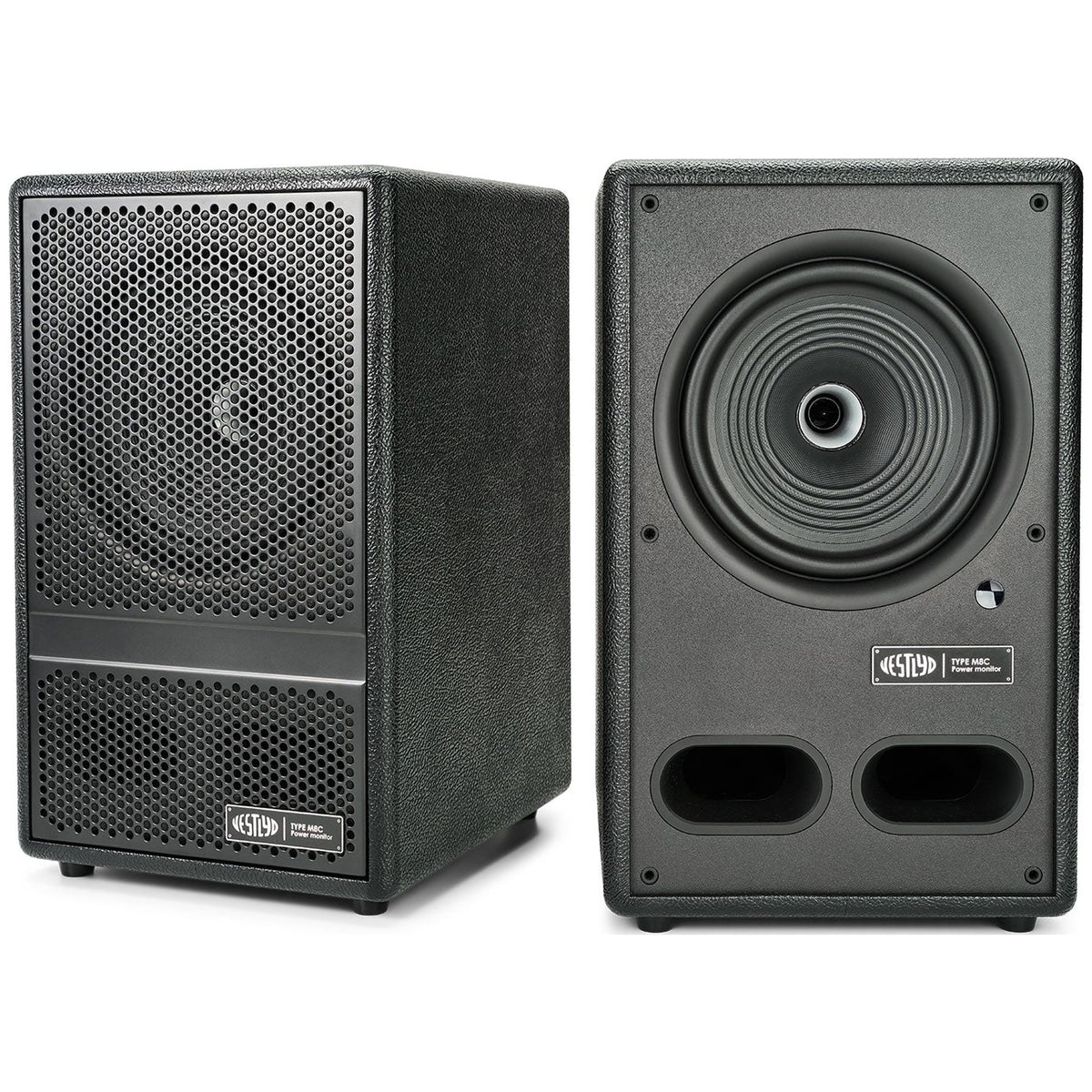 Vestlyd M8C Active powered speakers in Black — front grille and 8-inch driver view of the pair