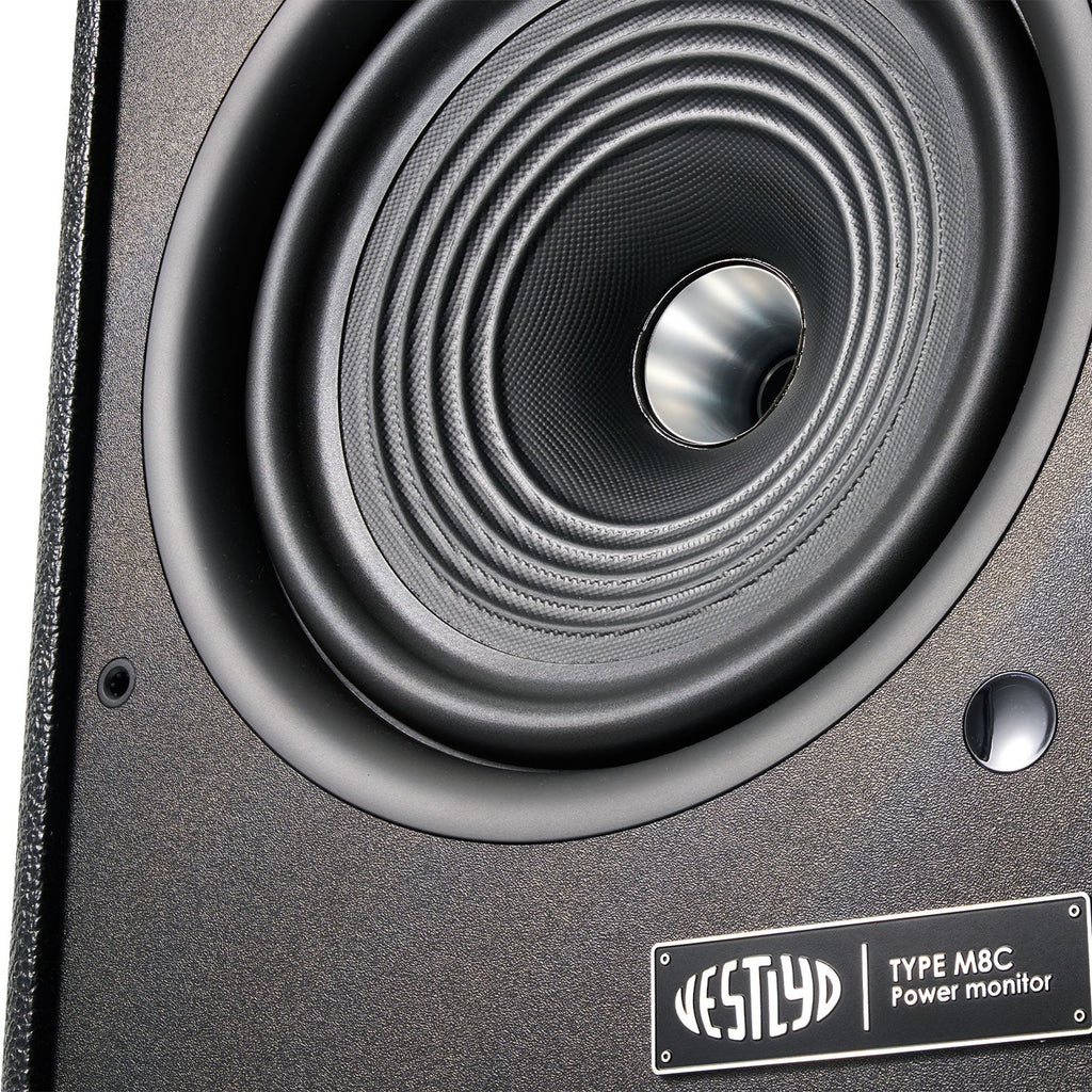 Close-up of the Vestlyd M8C Active 8-inch coaxial paper woofer with titanium dome tweeter