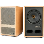 Vestlyd M8C Active powered speakers in Oak — front grille and driver view of the pair