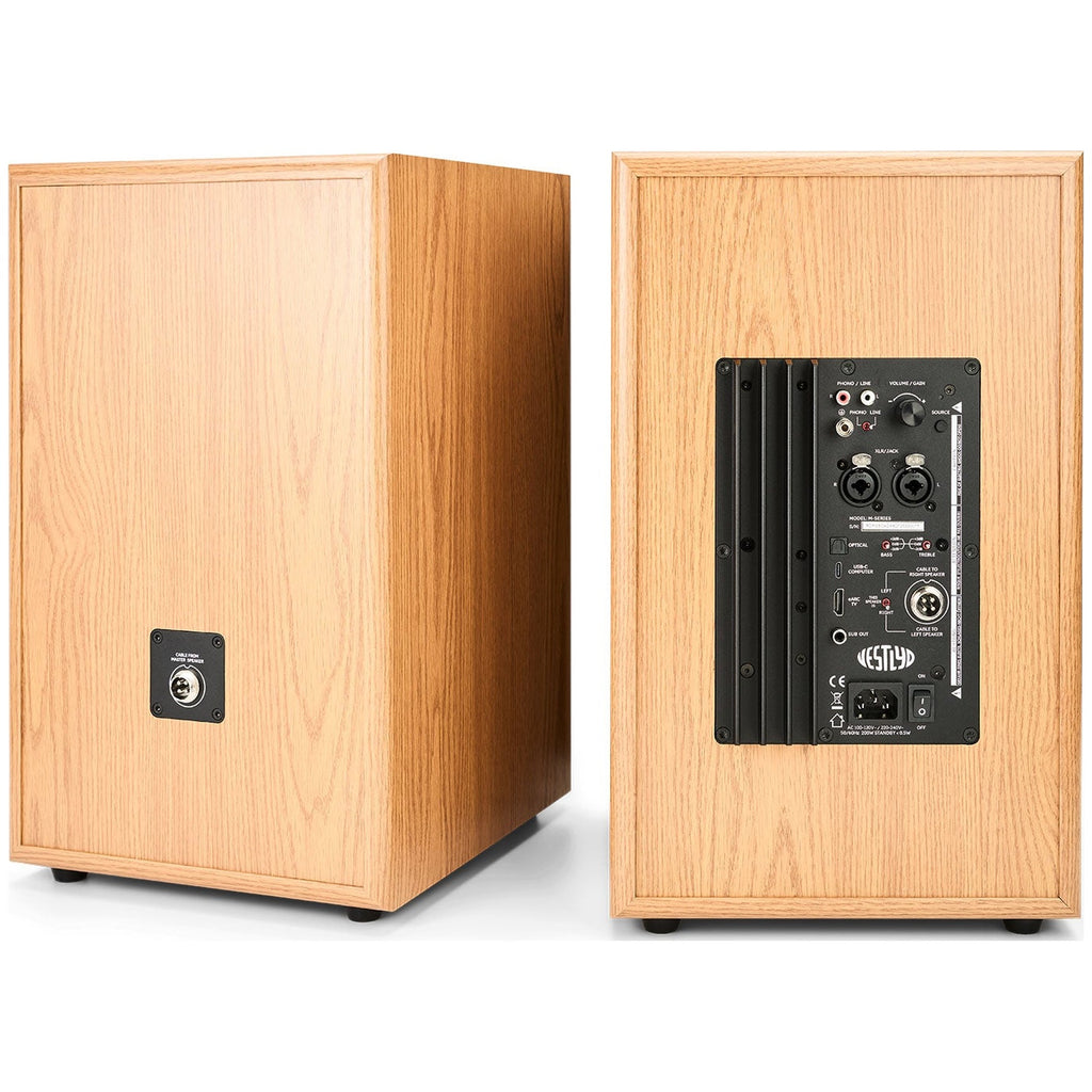 Vestlyd M8C Active in Oak — rear view with amplifier and connection panel
