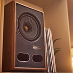 Vestlyd M8C Active in Oak standing beside a vinyl record collection