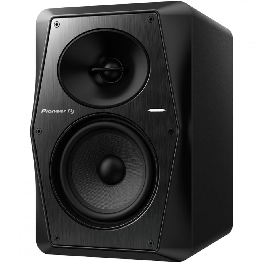 Pioneer DJ VM-50 active nearfield monitors shown at an angle, highlighting their sleek black design and front-facing speaker cones.