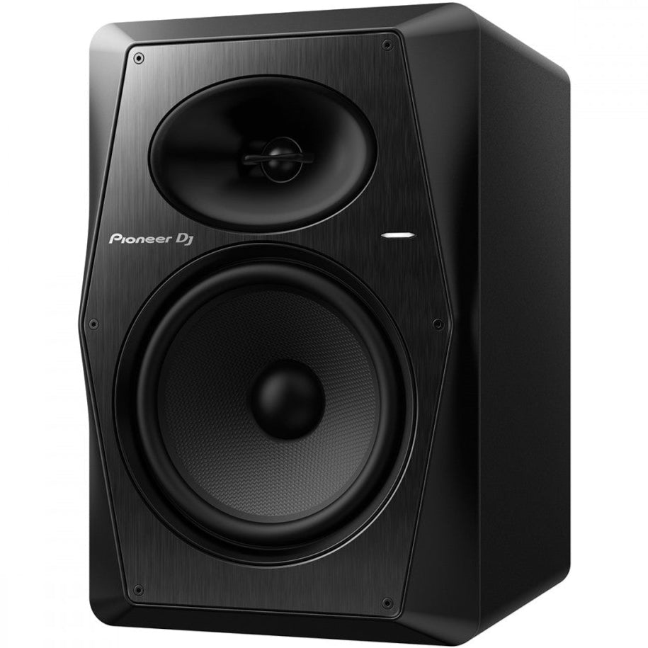 Pioneer DJ VM-80 black active nearfield studio monitors shown from an angled view, highlighting their sleek design and speaker components.