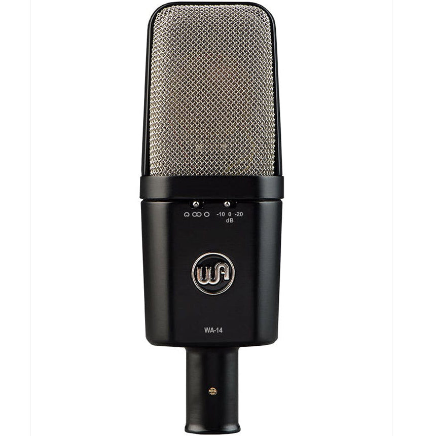 Warm Audio WA-14 condenser microphone shown with its sleek metal body and large diaphragm for studio recording.