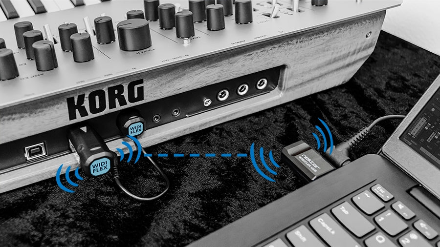 Nektar Widiflex USB MIDI cable connected to musical keyboard, showing compact design and USB connector for music production setup.