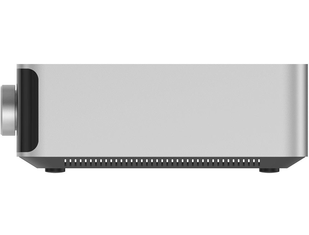 WiiM Amp Ultra stereo amplifier in silver, showcasing its all-in-one audio system design with various input and control features.