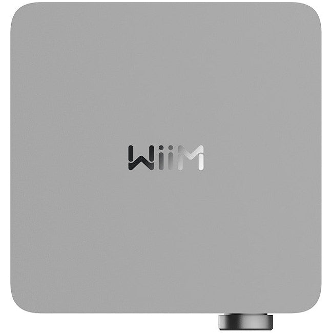 WiiM Amp Ultra stereo amplifier in silver, featuring all-in-one audio system with multiple input options and sleek design.