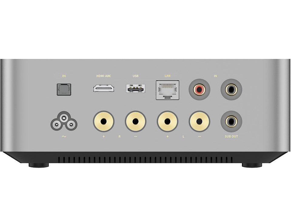 WiiM Amp Ultra silver stereo amplifier with all-in-one audio system and modern design, featuring multiple input ports and control knobs.