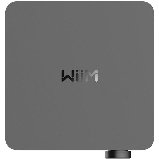 WiiM Amp Ultra stereo amplifier in space grey with all-in-one system design, featuring input and control panels.