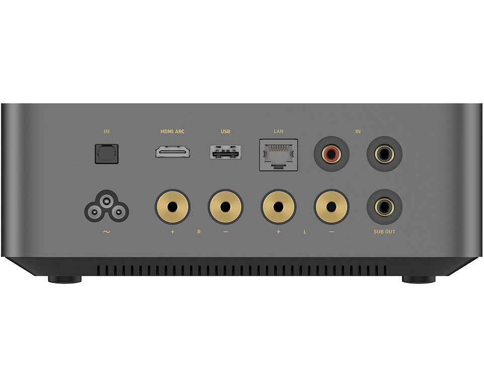 WiiM Amp Ultra stereo amplifier in space grey, showcasing all-in-one audio system with modern design and multiple input options.