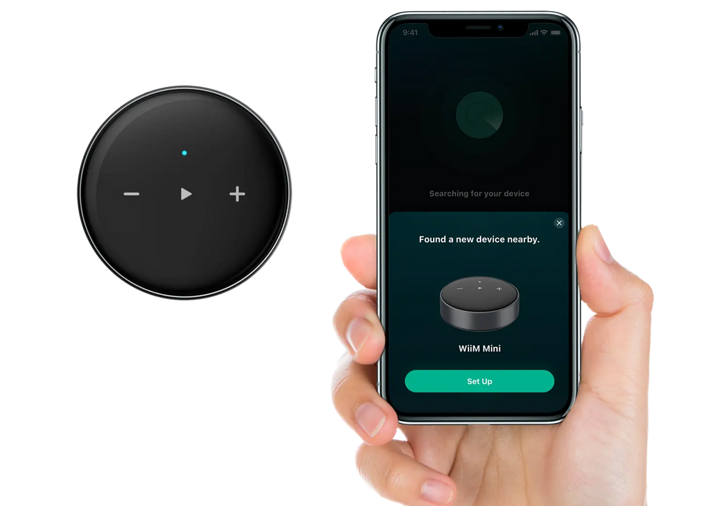WiiM Mini music streamer, in use