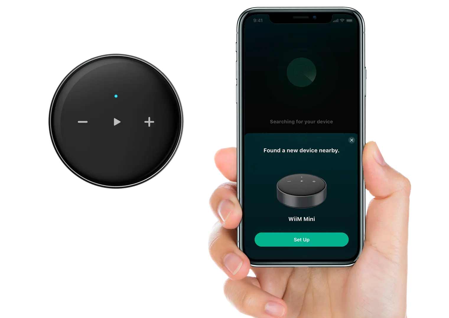WiiM Mini music streamer, in use