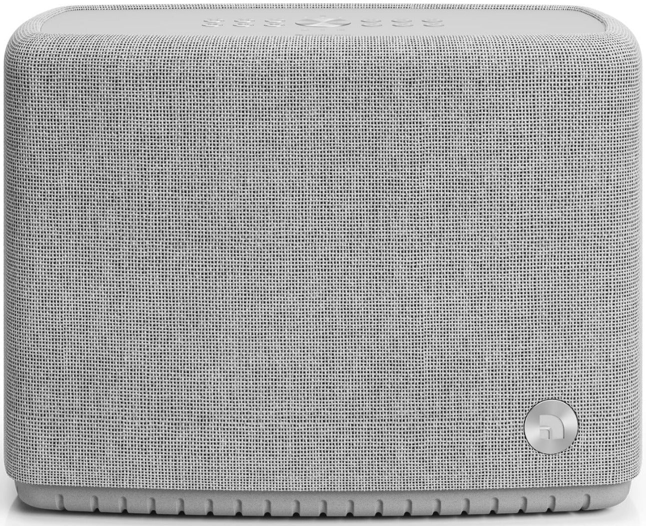 Light grey Audio Pro A15 portable speaker with Wi-Fi, AirPlay 2, Google Cast, and Chromecast, front view showing controls.