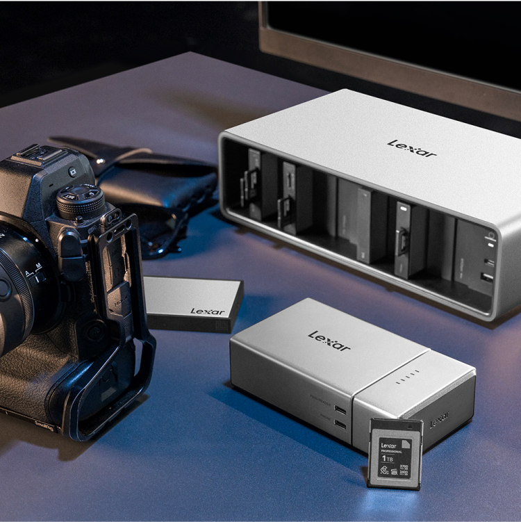Lexar Workflow Portable SSD external drive with sleek design and high-speed data transfer, shown with connectors and branding.