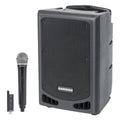 Samson XP208W portable PA system with two speakers and built-in mixer, set up for an outdoor event.