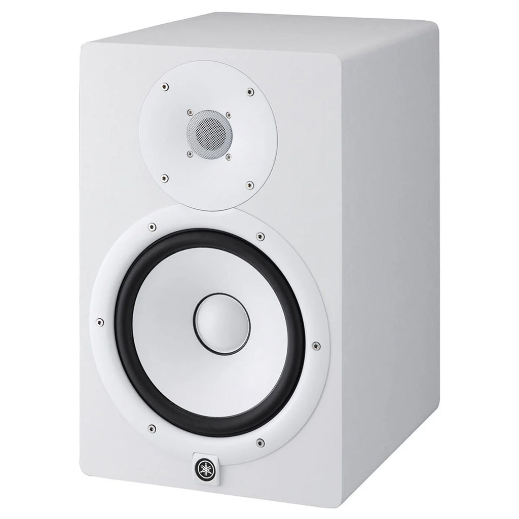 Yamaha HS8 studio monitors in white, featuring a sleek design and high-quality sound for professional audio mixing.