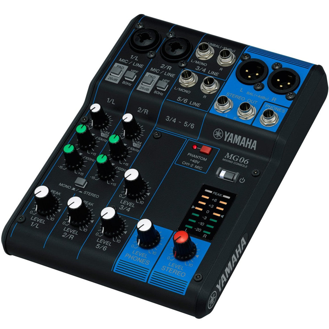 Yamaha MG06 analog mixer with two input channels, knobs and fader controls, compact audio mixing console.