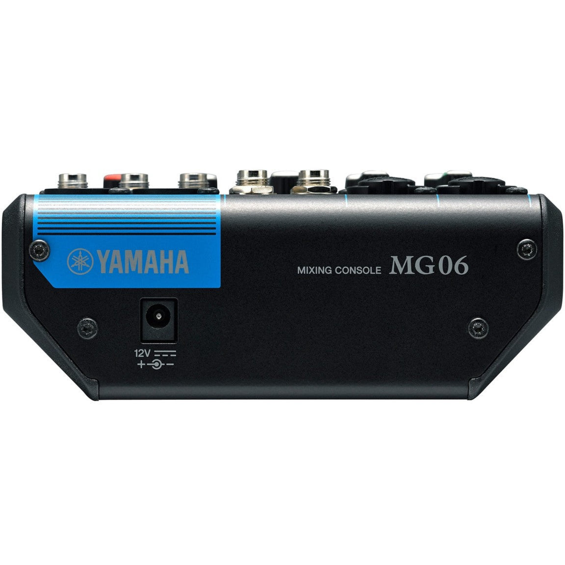 Yamaha MG06 analog mixer with two input channels and control knobs, compact design for audio mixing.