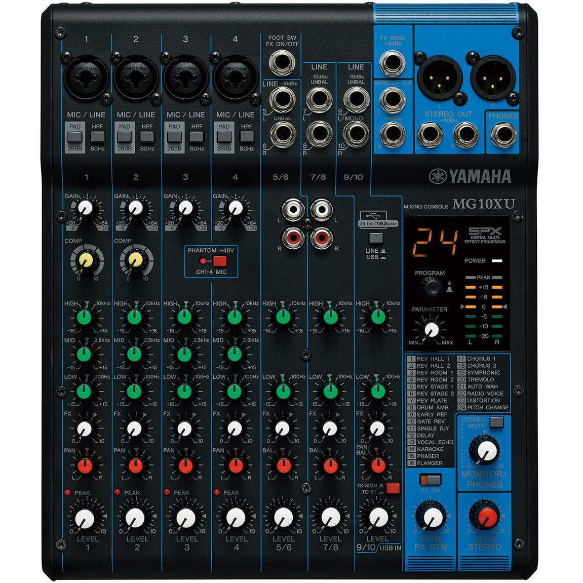Yamaha MG10XU analog mixer with multiple input channels, knobs, and built-in effects for live sound and recording setups.