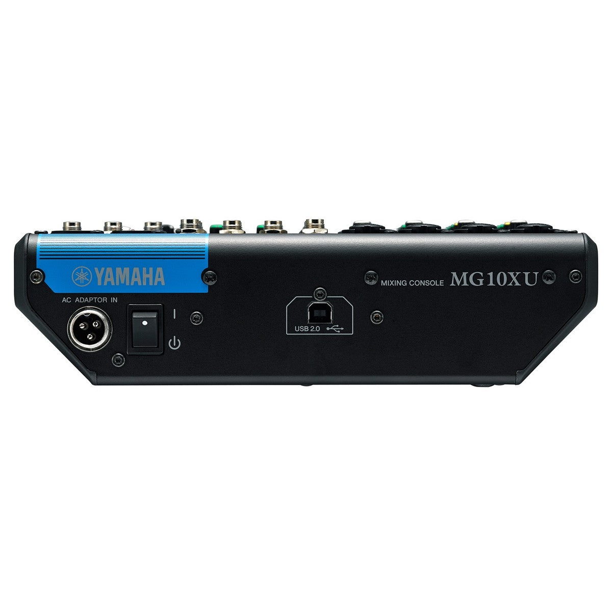Yamaha MG10XU analog mixer with multiple input channels, knobs, and built-in effects, shown in a professional audio setup.