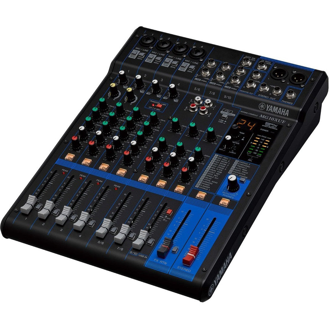 Yamaha MG10XUF analog mixer with multiple input channels and controls for audio mixing and sound management.