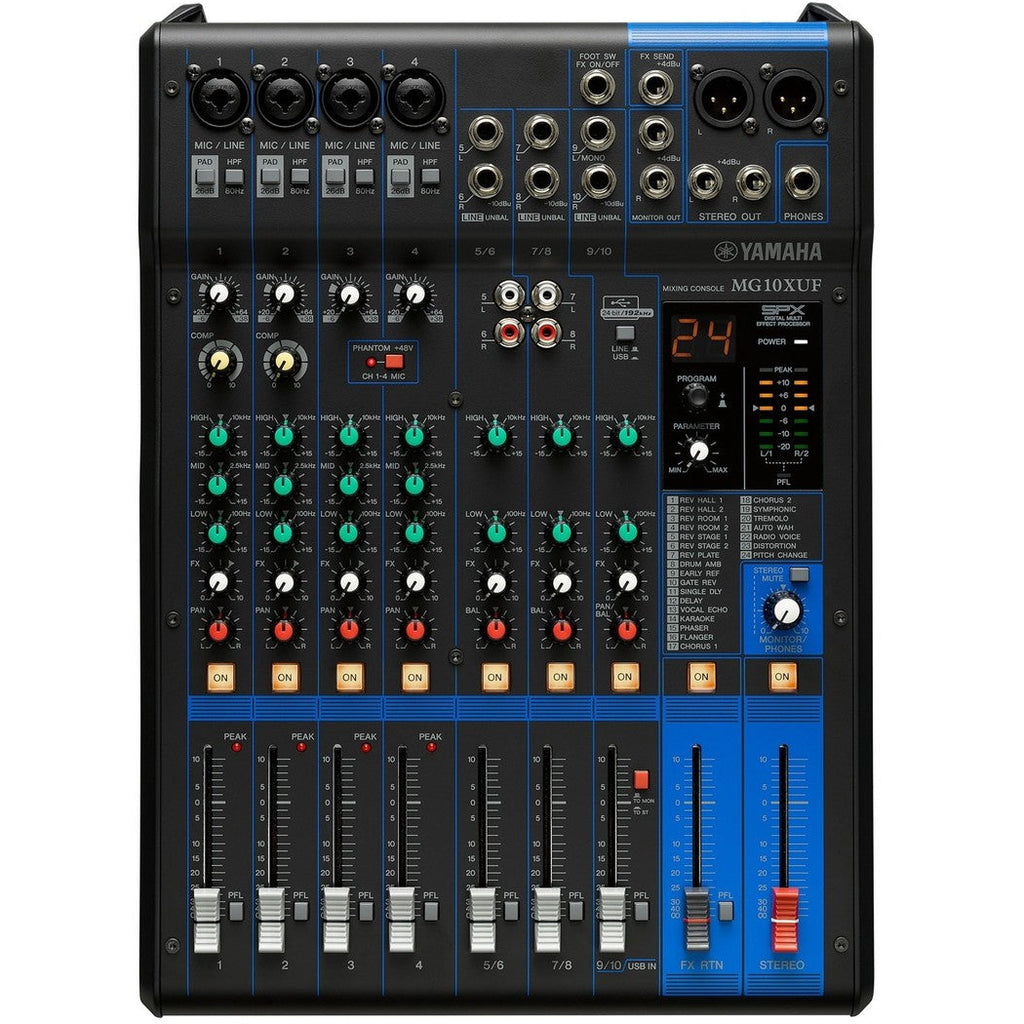 Yamaha MG10XUF analog mixer with multiple input channels and control knobs, featuring a sleek black design.