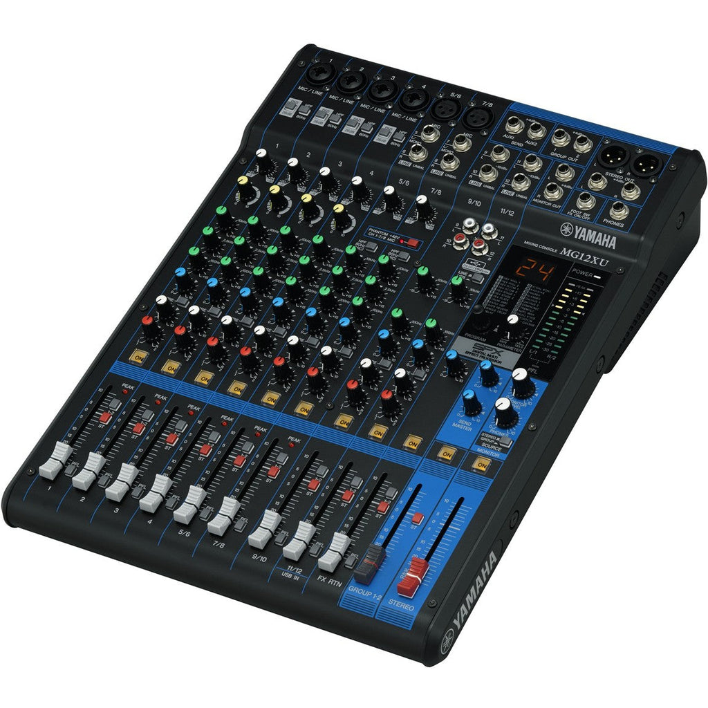 Yamaha MG12XU analog mixer with multiple input channels, control knobs, and built-in effects for live sound and recording setups.