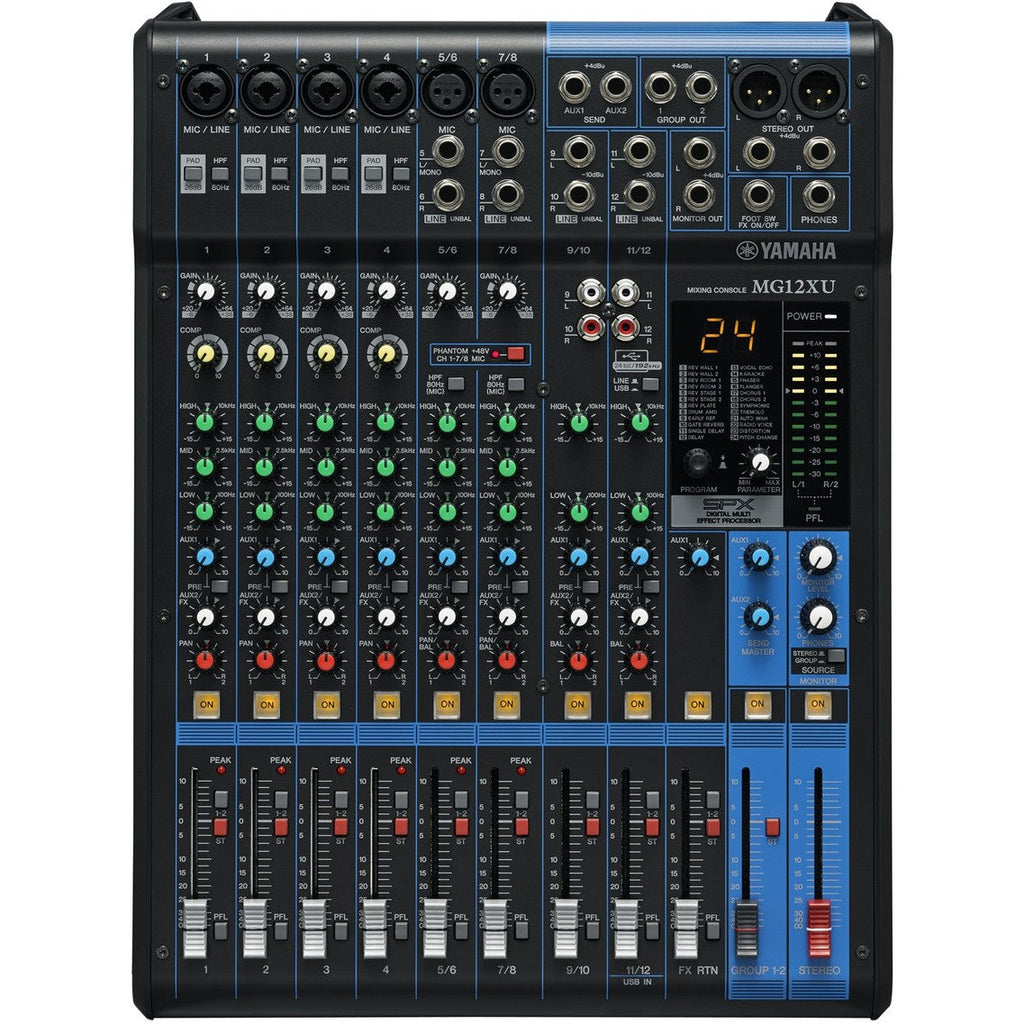 Yamaha MG12XU analog mixer with multiple input channels, knobs, and faders for professional audio mixing.