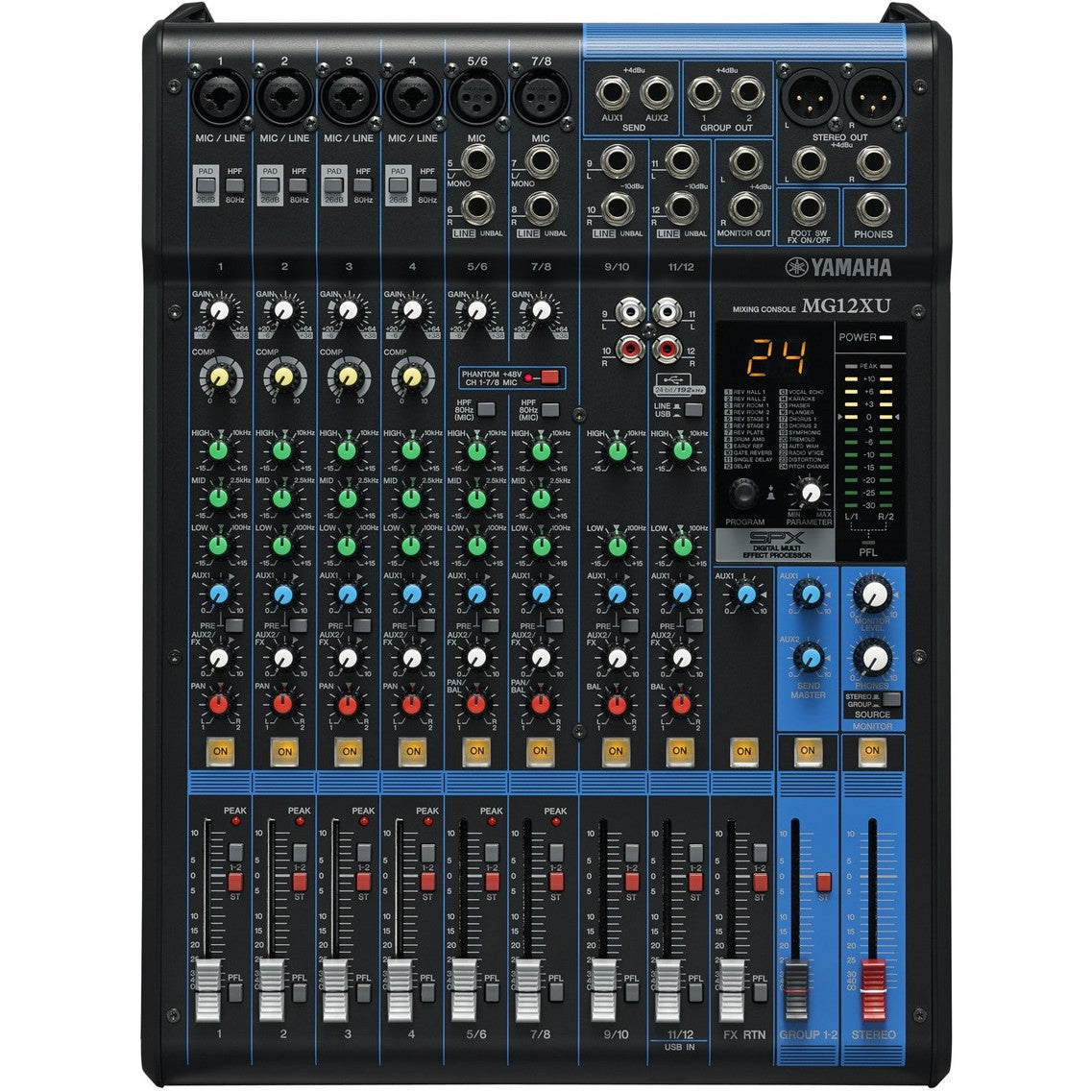 Yamaha MG12XU analog mixer with multiple input channels, knobs, and faders for professional audio mixing.