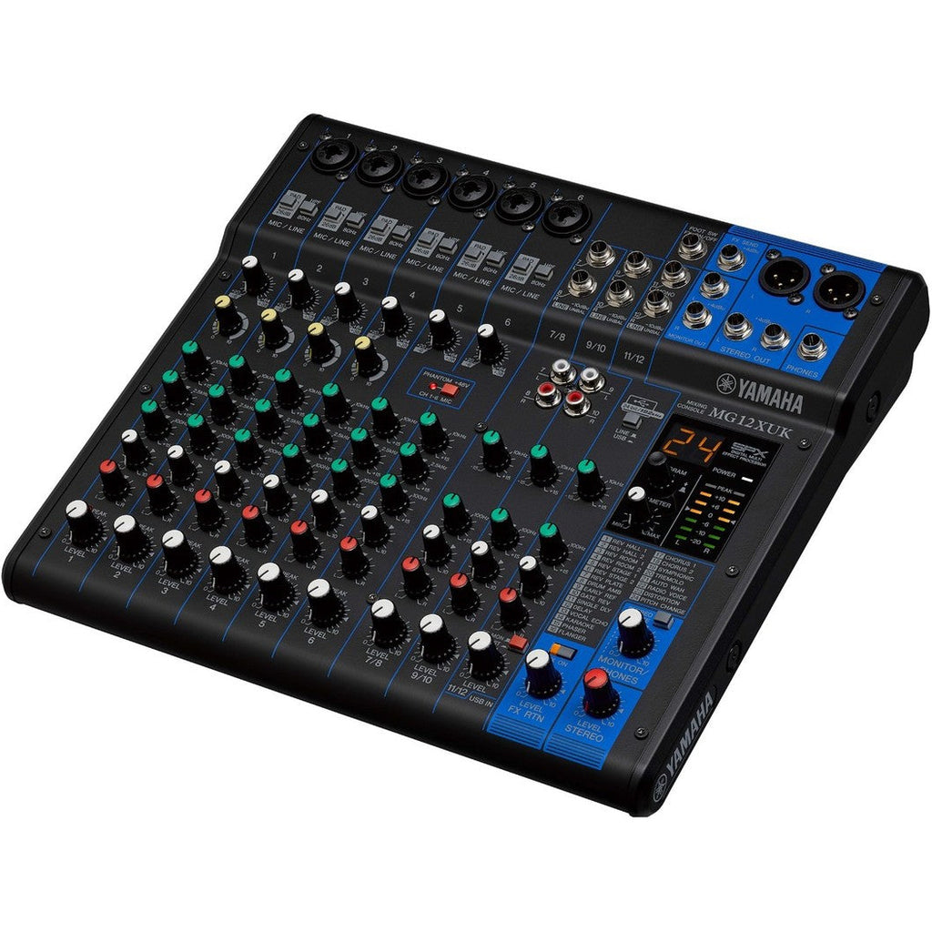 Yamaha MG12XUK analog mixer with 12 channels, multiple input knobs, and professional audio controls.