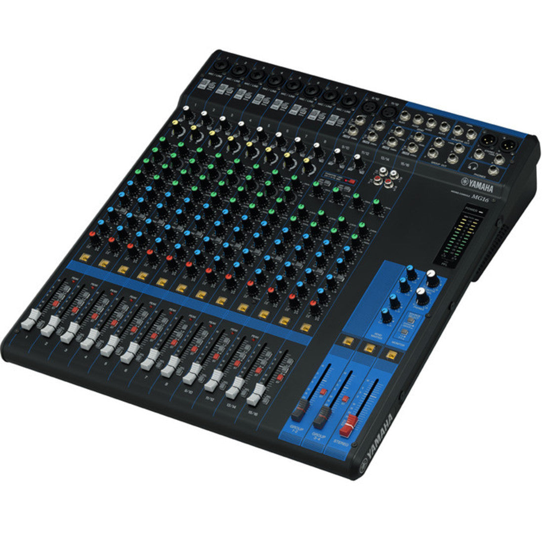 Yamaha MG16 analog mixer with multiple input channels and control knobs, used for audio mixing and sound management.