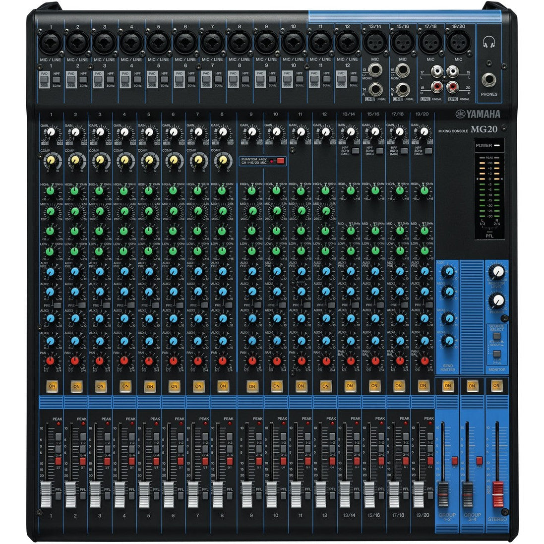Yamaha MG20 analog mixer with multiple input channels, volume knobs, and control sliders for professional audio mixing.