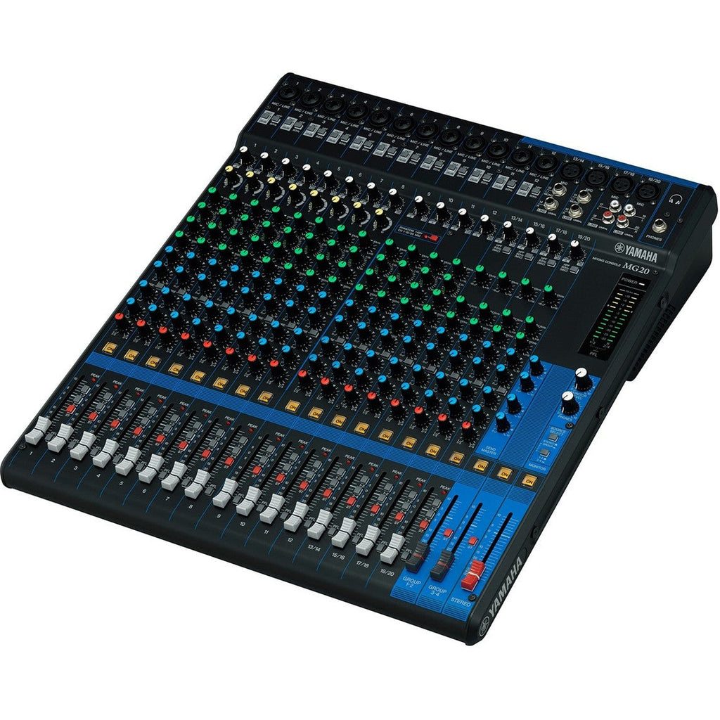 Yamaha MG20XU analog mixer with multiple input channels, knobs, and faders, featuring built-in effects for professional audio mixing.