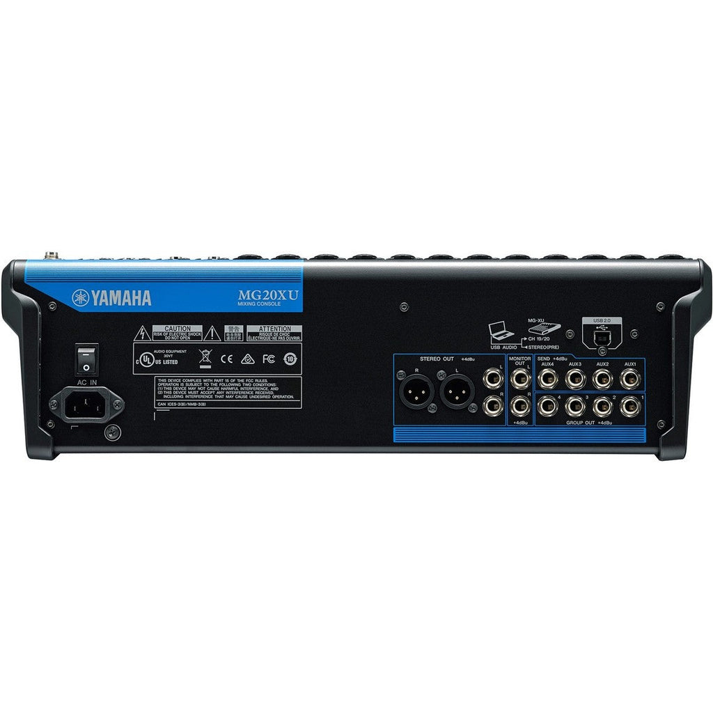 Yamaha MG20XU analog mixer with multiple input channels, knobs, and faders for professional audio mixing.