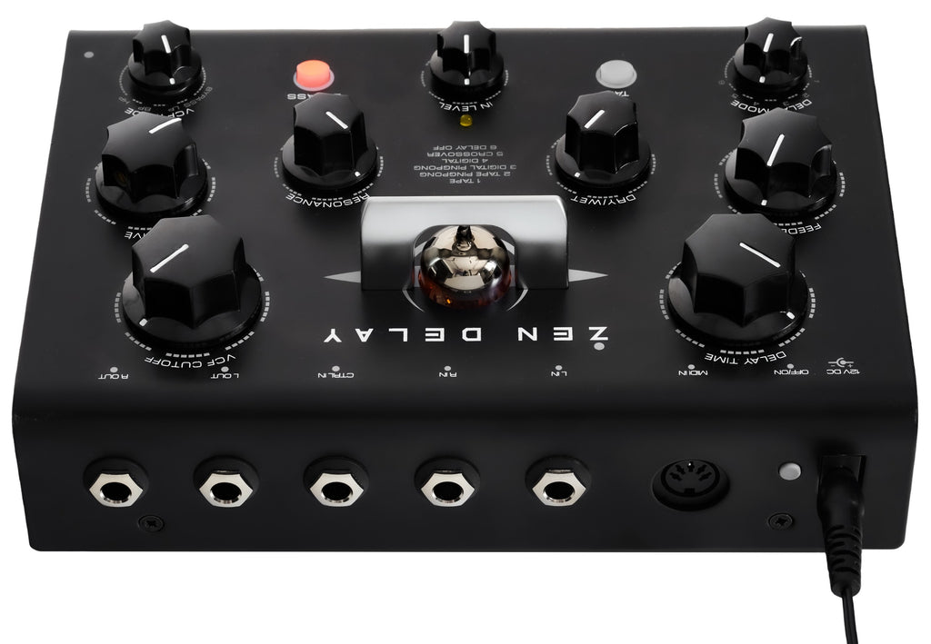 Erica Synths Zen Delay effects pedal with multiple delay controls and colorful interface, designed for audio effects processing.