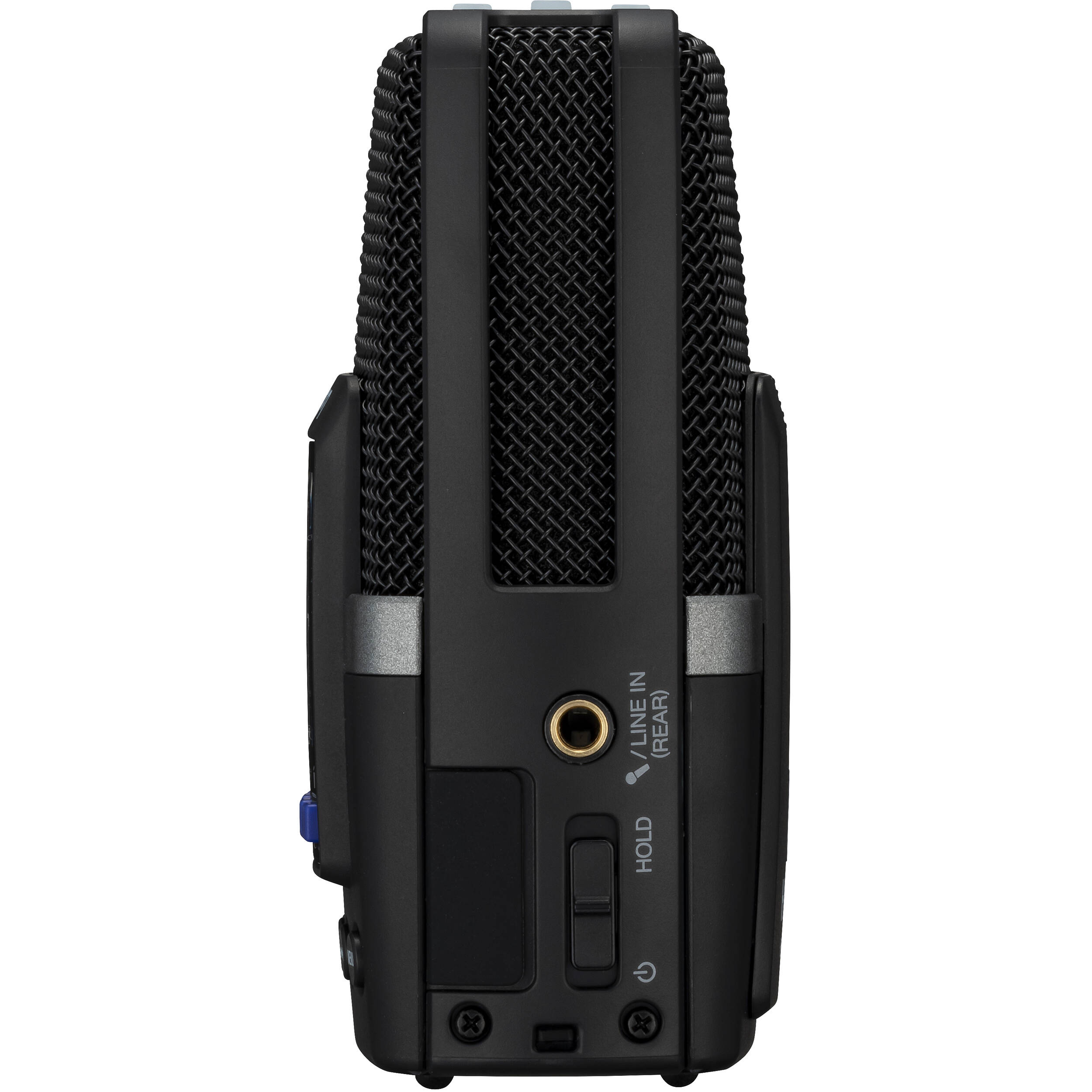 Zoom H2essential digital recorder, side view with headphone jack and ports